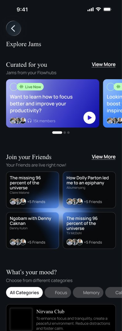 Epiphany app screen for exploring live sessions from flow hubs