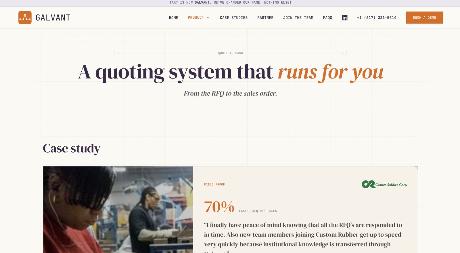 Galvant quoting page leading with a customer case study